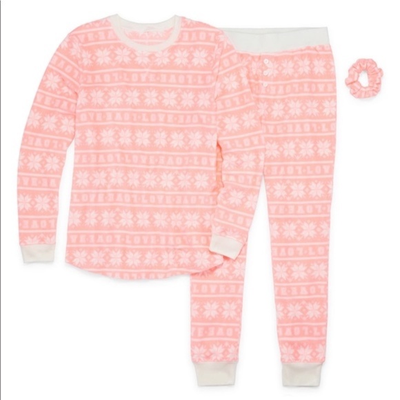 New Womens 2 Piece Pajamas PJ Set with Matching Hair Scrunchie - Picture 2 of 12